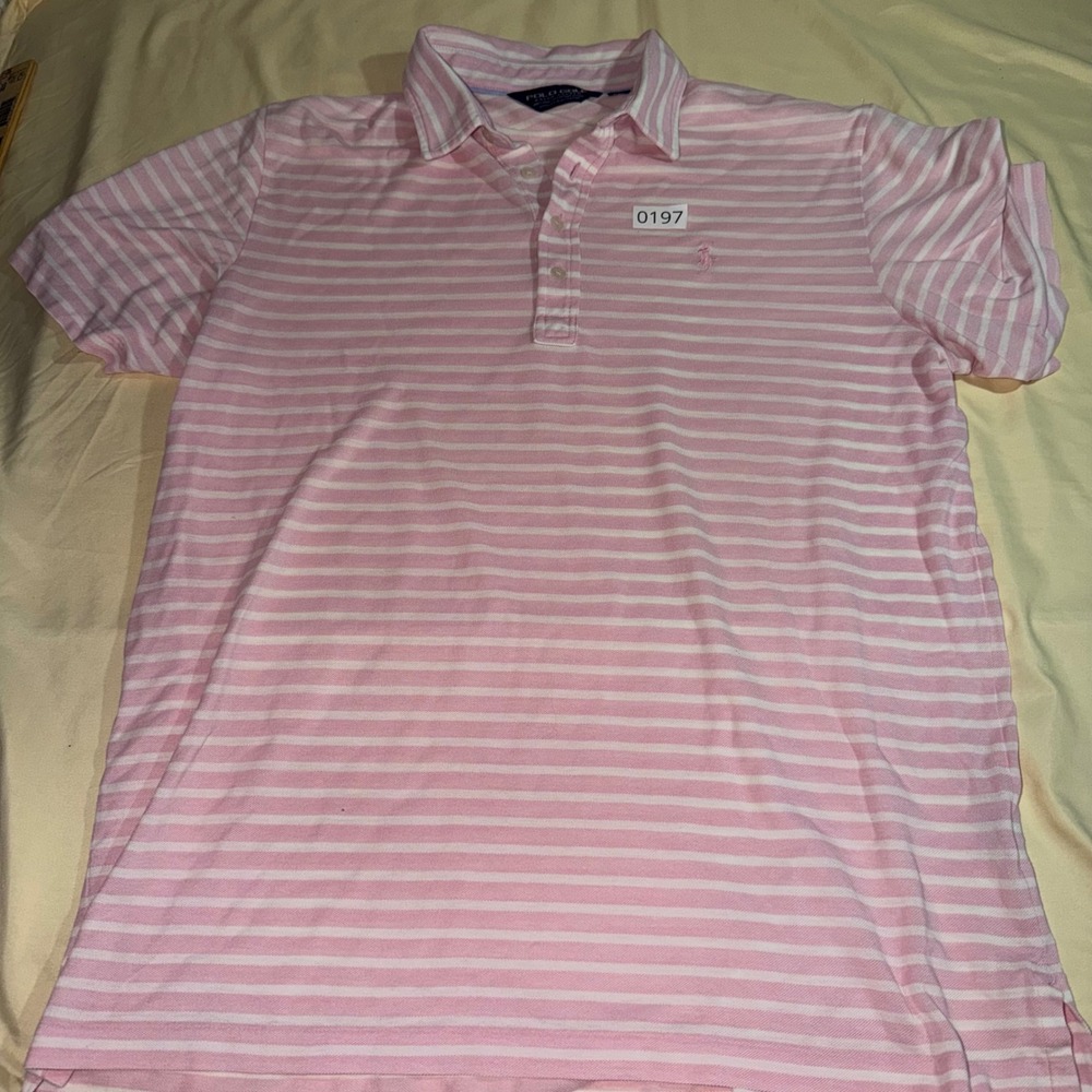 Polo Golf Ralph Lauren Mens Large Pink White Striped Pima Cotton Polo Shirt